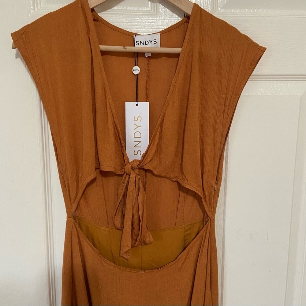 SNDYS NWT Botanical Tie Front Cut Out Rust Brown Boho Midi Maxi Dress Small - Picture 4 of 8